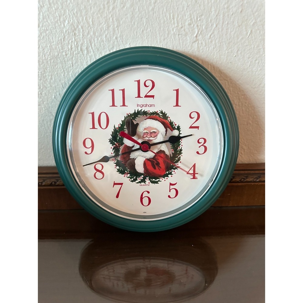 Vtg INGRAHAM WALL CLOCK QUARTZ CHRISTMAS HOLIDAY SANTA CLAUS‎ 9" Tested / Works